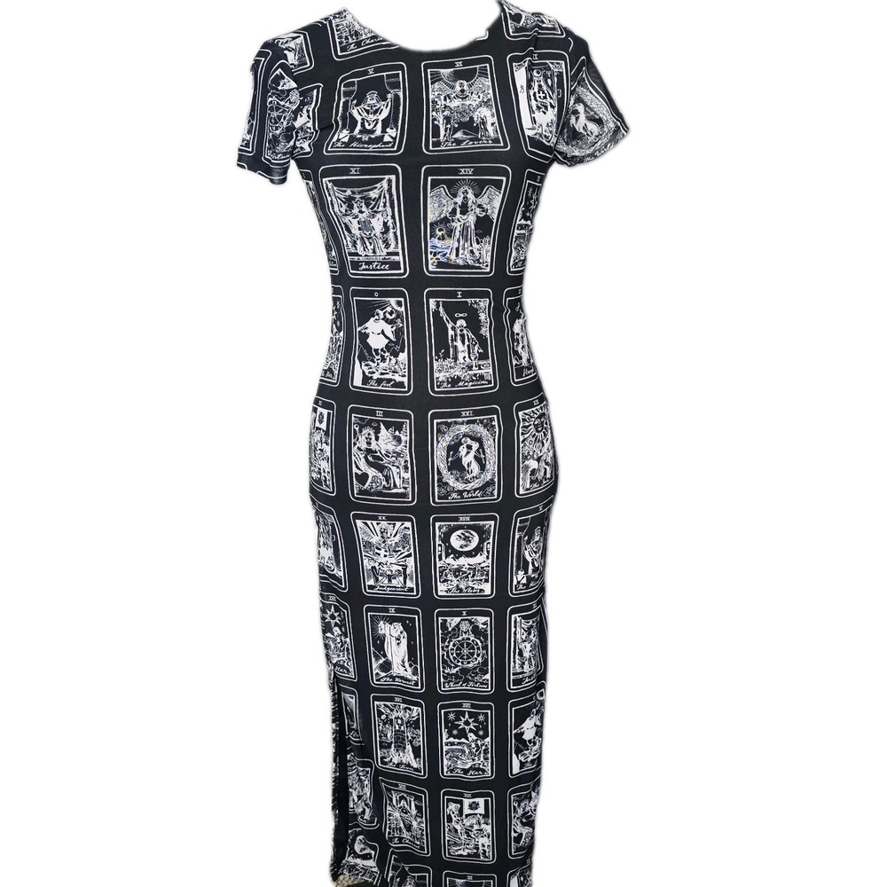 Forever 21 Whimsigoth Tarot Card Bodycon Midi Dress Small Black Side Slit